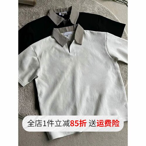 美式 vintage芸蚁千鸟格短袖男夏季翻领poolo衫t恤正肩亨利衫体恤