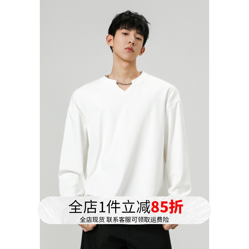 美式V领德绒长袖T恤男秋冬季潮牌cleanfit宽松休闲内搭套头上衣服