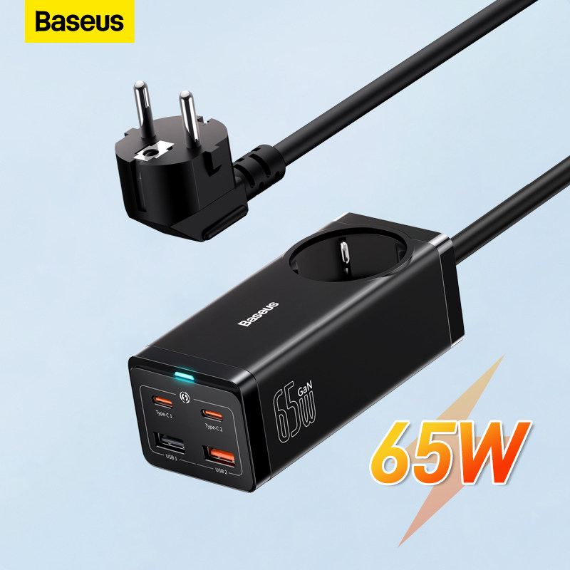 Baseus 65W GaN Charger Power Strip 4 ports Desktop Adapter Charging氮化镓欧规桌面充电器AC多口USB插头
