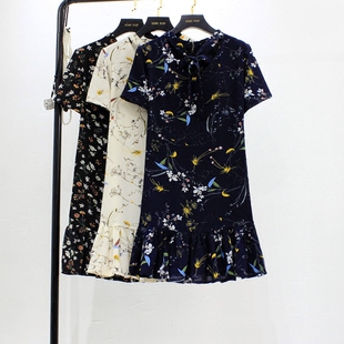 a字裙荷叶边中长款 夏季 V领碎花雪纺连衣裙显瘦短袖 大码 女清仓 新款