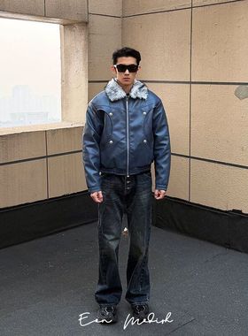 ZH25冬季New实拍美式复古皮衣毛领棉服外套短款拉链加厚保暖男