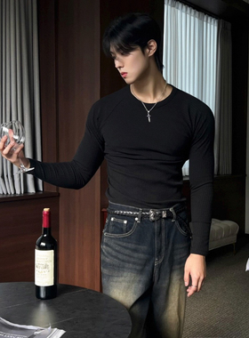 ZH男装韩版条纹修身长袖T恤健身训练服韩版潮流显肌肉打底男修身