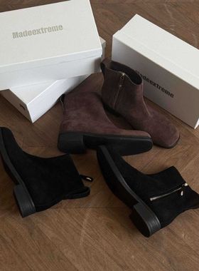 ZH秋季新品 男鞋 韩侧拉链ROW风方头中筒复古马丁靴绒面磨毛短靴