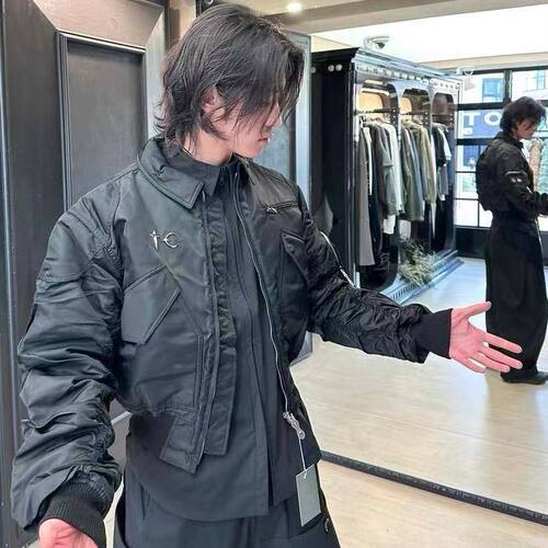 ZH无铆钉26新Thugclub星月金属飞行夹克棉服bomber褶皱外套潮男女