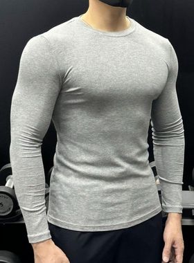 ZH螺纹圆领长袖T恤男士肌肉健身训练紧身运动高弹速干打底衫上衣