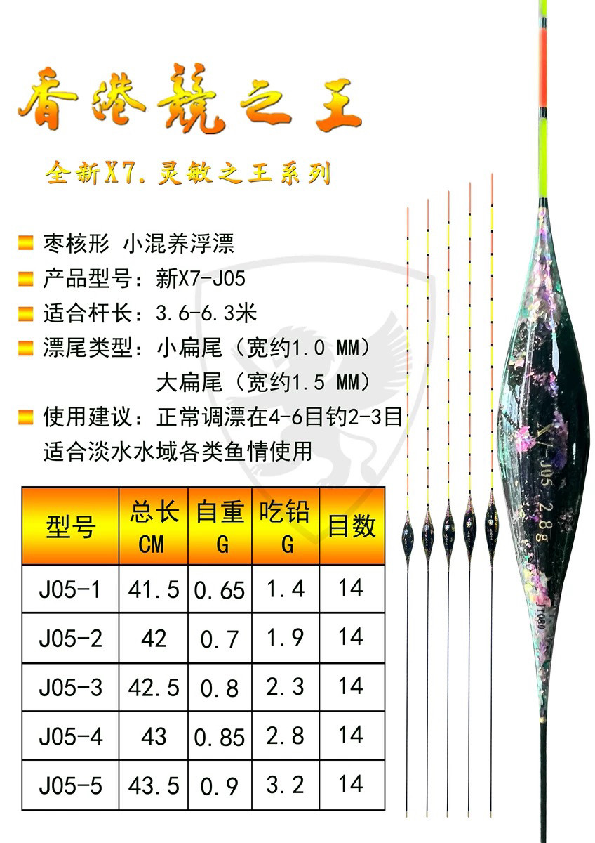 香港竞之王灵稳之王新X7-J05 枣核型混养浮漂纳米浮漂大扁尾鱼漂