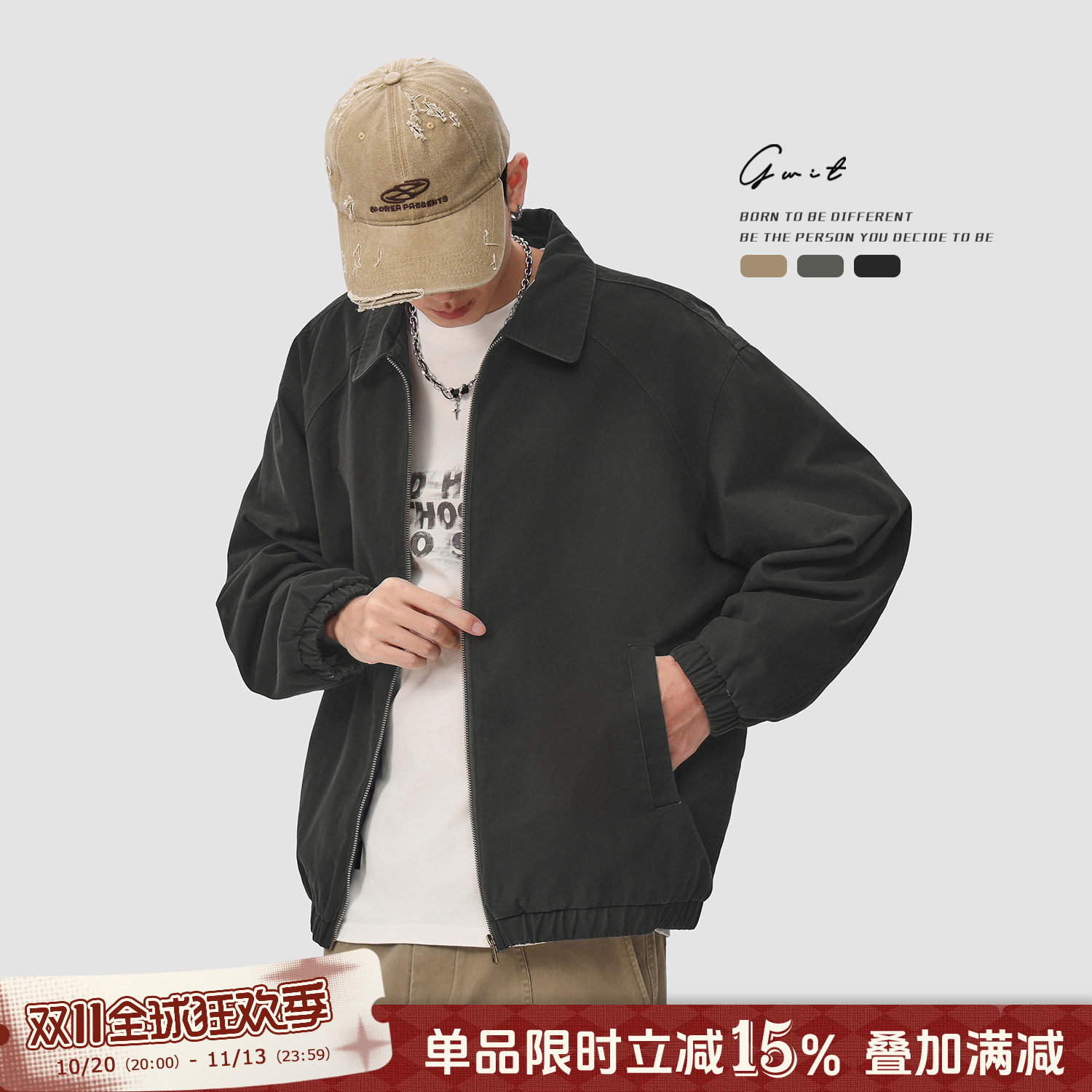 GWIT 美版经典小圆角翻领工装外套男重工水洗休闲夹克短款cargo