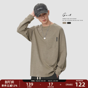 圆领纯色长袖 复古植纤透气春秋内搭口袋体恤打底衫 T恤男 美式 GWIT