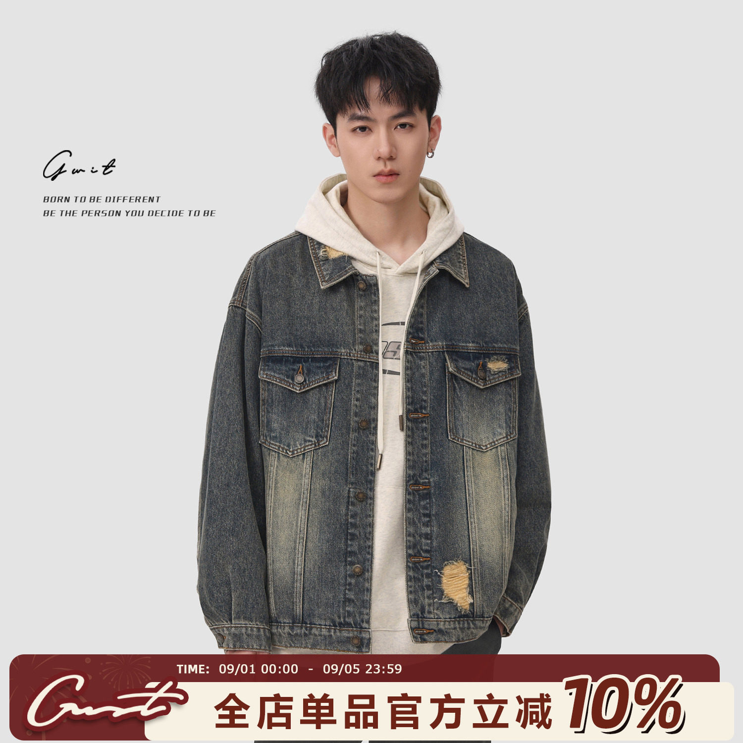 GWIT重磅石磨水洗破洞牛仔外套图片