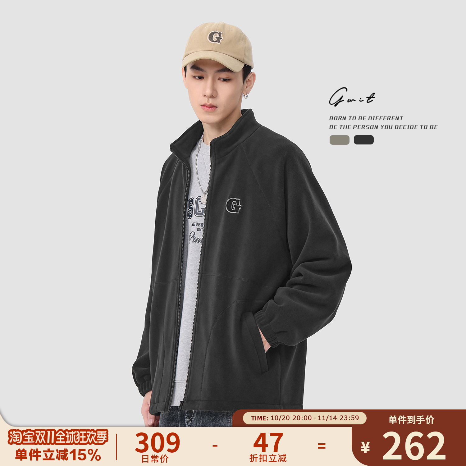 GWIT 美式高街重磅摇粒绒秋冬保暖抓绒开衫上衣潮牌夹克外套男