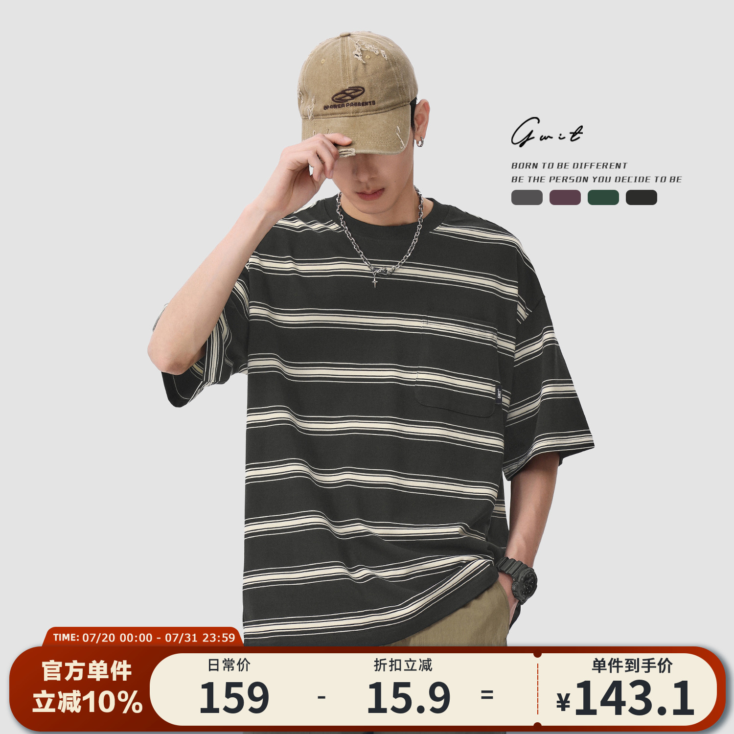 GWIT美式复古条纹夏季短袖T恤男