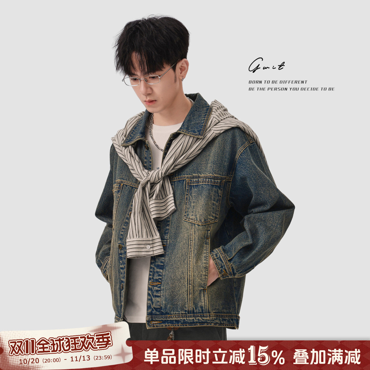 GWIT 16oz重工黄泥手擦做旧 美式复古硬汉上衣夹克短款牛仔外套男
