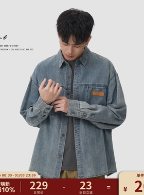 GWIT 美式休闲经典色cleanfit春秋浅色长袖衬衣外套牛仔衬衫男