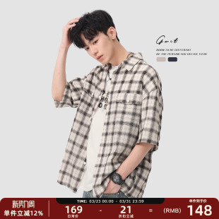 轻薄垂感半袖 休闲复古格子衬衣夏季 潮牌薄款 短袖 男 GWIT 衬衫 美式