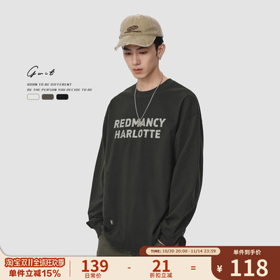 GWIT 美式复古重磅纯棉春秋内搭上衣体恤潮牌打底衫圆领长袖T恤男