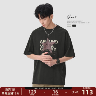 潮牌情侣纯棉短袖 GWIT 半袖 高街重磅复古印花体恤夏季 T恤男 美式