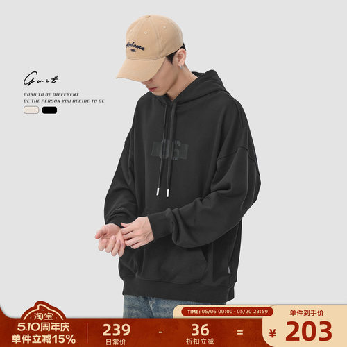 GWIT 美式高街复古春秋上衣宽松运动潮牌情侣套头帽衫连帽卫衣男