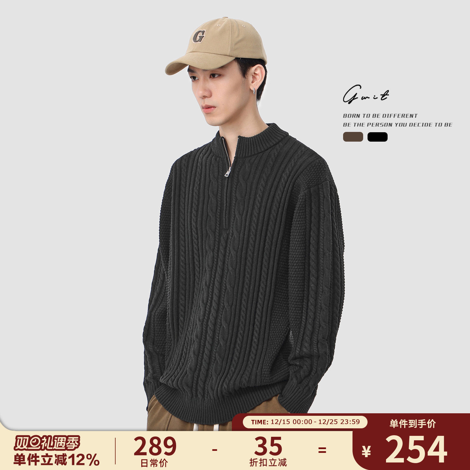 GWIT 美式复古休闲春秋美拉德上衣线衣绞花毛衣外套针织开衫男