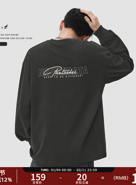 GWIT 美式高街重磅纯棉春秋内搭上衣印花体恤潮牌打底衫长袖T恤男