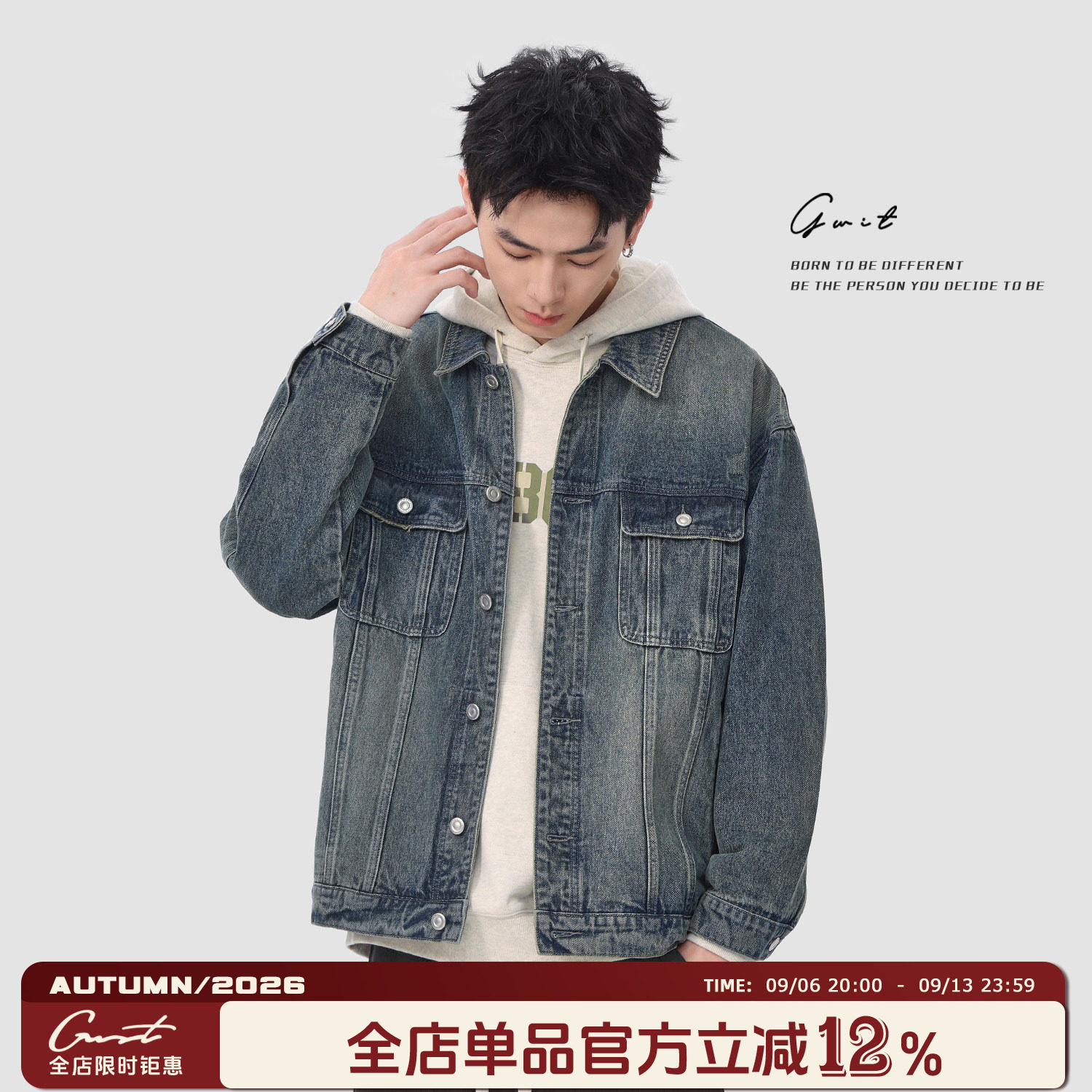 GWIT 美式复古经典色重磅水洗做旧春秋潮牌上衣夹克牛仔外套男图片