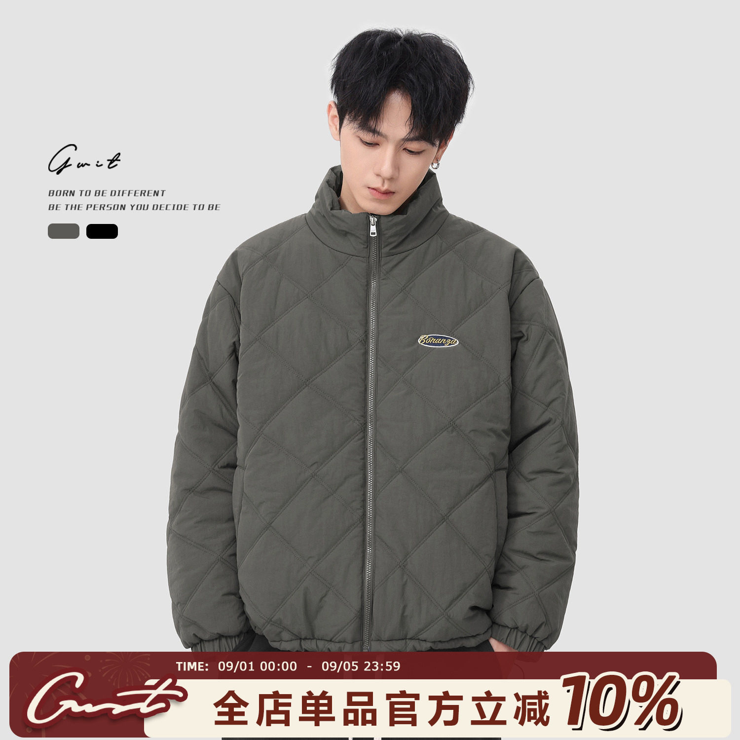 GWIT 美式复古菱形格棉衣冬季夹棉棒球服夹克工装潮牌外套棉服男图片