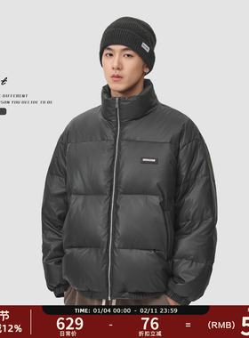 GWIT 90绒美式复古冬季重磅保暖pu皮外套短款面包服加厚羽绒服男