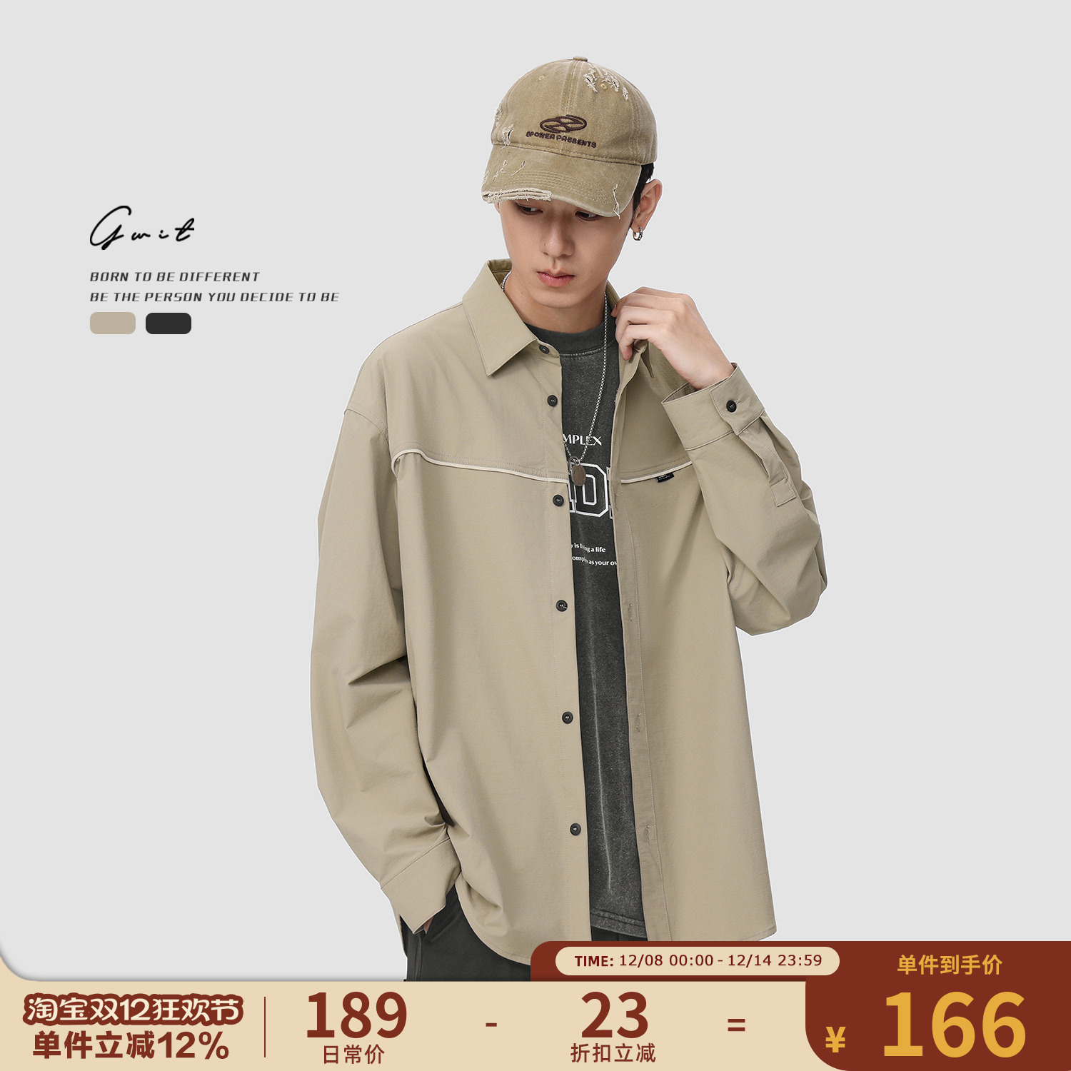 GWIT 美式潮牌高街复古上衣寸衫外套春秋长袖工装衬衣休闲衬衫男