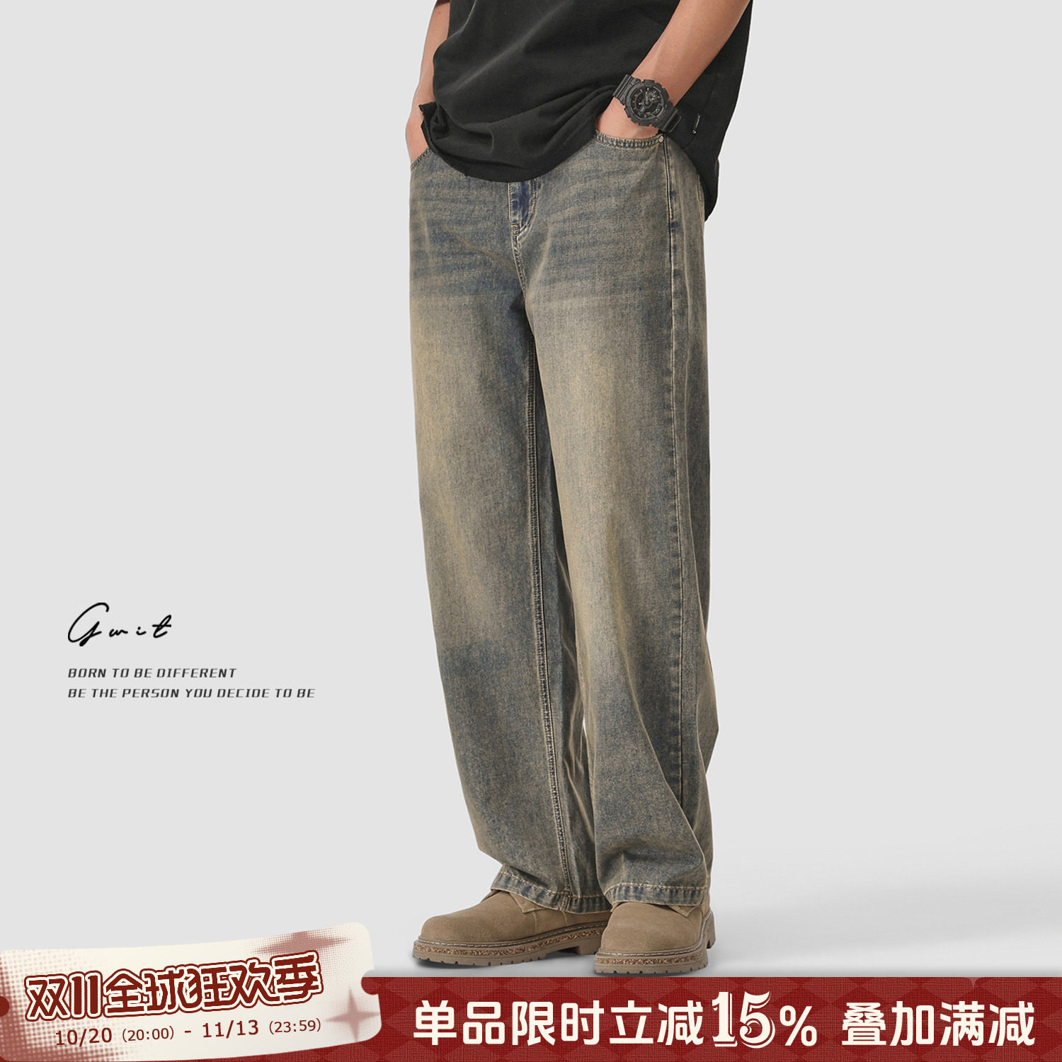GWIT 夏季薄款cleanfit浅色牛仔裤男轻薄透气美版做旧水洗经典色