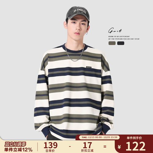 GWIT圆领条纹长袖宽松长袖T恤男