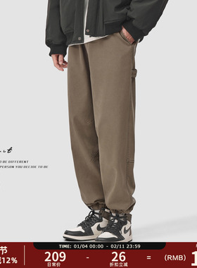 GWIT 重磅奥粒绒美拉德做旧工装裤冬季保暖加绒加厚束脚休闲裤男