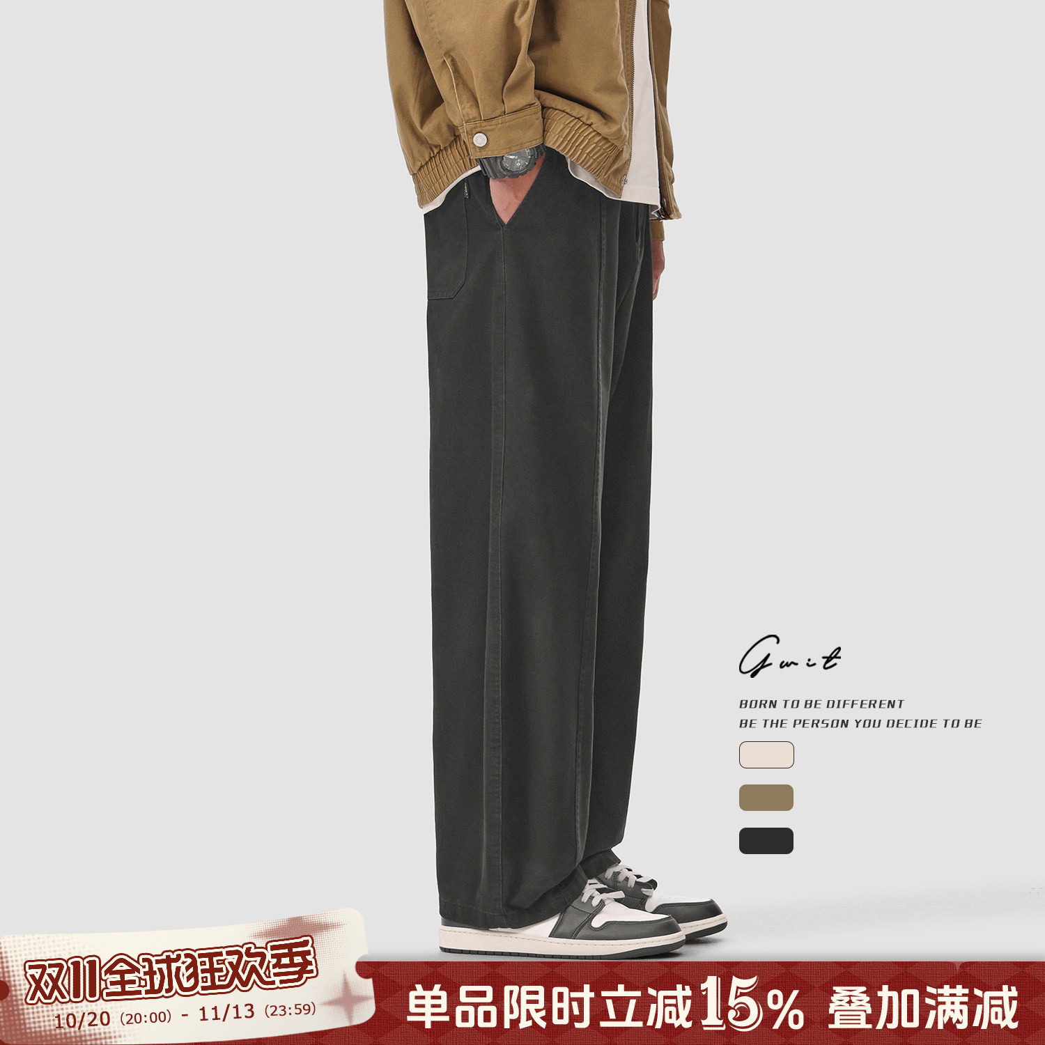 GWIT 美式重工水洗做旧廓形工装裤春秋阔腿大弯刀裤cargo休闲裤男