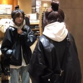 上衣 复古皮夹克小个子短款 黑色pu皮衣外套女2024新款 春秋宽松美式