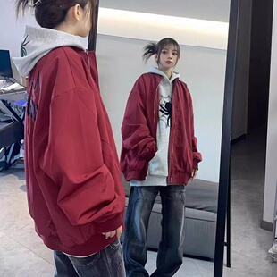 学院风棒球服高街星星刺绣外套女生春秋oversize街头情侣红色夹克