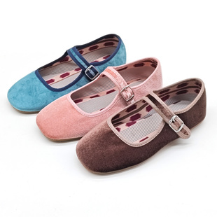 复古丝绒玛丽珍鞋软底奶奶鞋魔术贴浅口公主鞋方头单鞋儿童休闲鞋