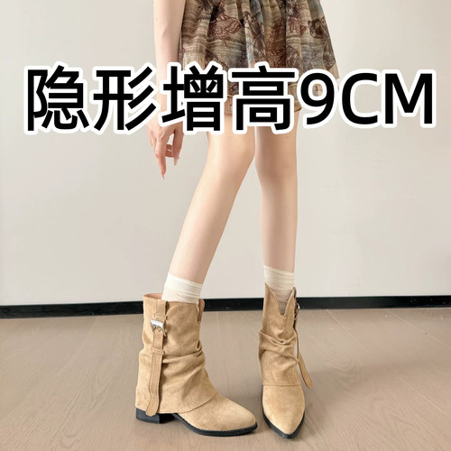 内增高9CM尖头西部牛仔短靴女