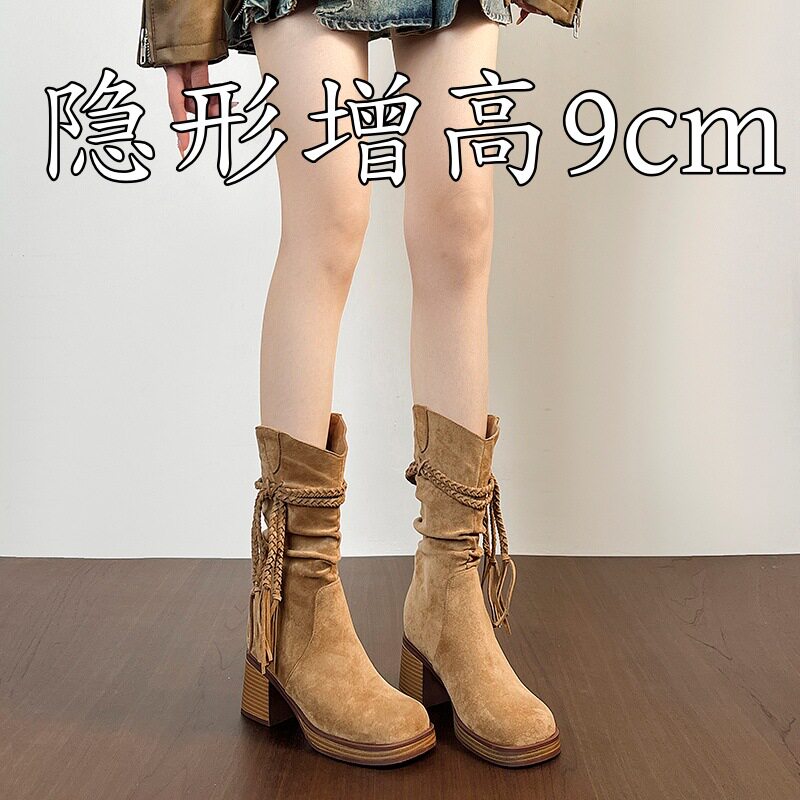 小个子马丁靴女款2025新款美拉德废土风内增高不过膝西部流苏短靴