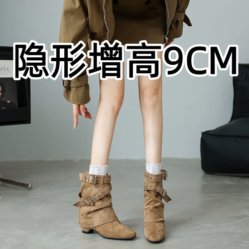 内增高9CM复古尖头美拉德骑士裤管靴女皮带扣西部牛仔短靴马丁靴
