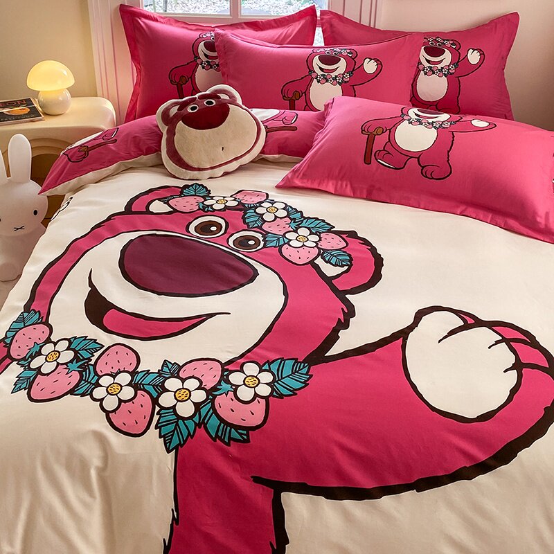 卡通草莓熊纯棉四件套可爱米奇米妮外星仔全棉儿童被套床单三件套