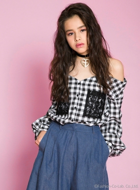 特价！春夏新款HMH吊带露肩中长款长袖格子蕾丝贴兜宽松衬衫上衣