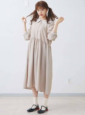 可爱百搭！春夏新款MJ小花刺绣娃娃领宽松细条棉麻七分袖连衣裙