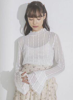 蕾丝提花小衫！春夏新款MJ半高领弹力提花双层喇叭长袖上衣