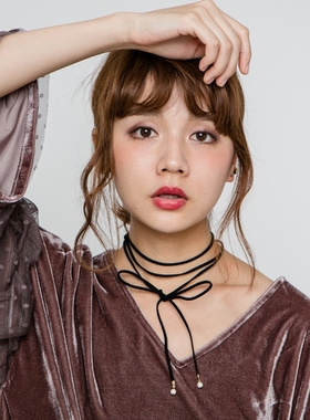 新款MJ珍珠吊坠多层蝴蝶结项圈项链锁骨链