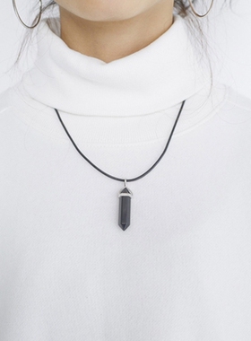 秋新款BUBBLES天然半宝石蛋白石粉晶黑金石六棱吊坠项链