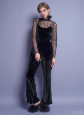 秋冬新款lilLilly韩国丝绒柔软吊带修身高腰木耳边弹力连体裤