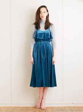 新款ROSARYMOON韩国丝绒光泽感木耳边大摆吊带收腰系绳连衣裙