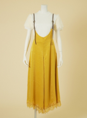 特价！秋新款Marblee丝质设计感阔腿蕾丝花边高腰蝴蝶结背带裤