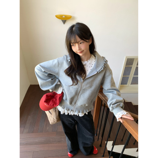 ANA宝藏珍妮 设计师木耳边宽松空气层双拉链宽松连帽卫衣 春秋新款