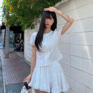 小衫 ANA宝藏珍妮 上衣短袖 春夏韩系100棉肌理泡泡袖 女 溪岸听风