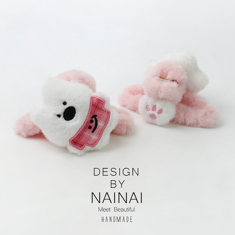 秋冬可爱毛衣小熊毛绒抓夹新款盘发鲨鱼夹子学生发卡女后脑勺头饰