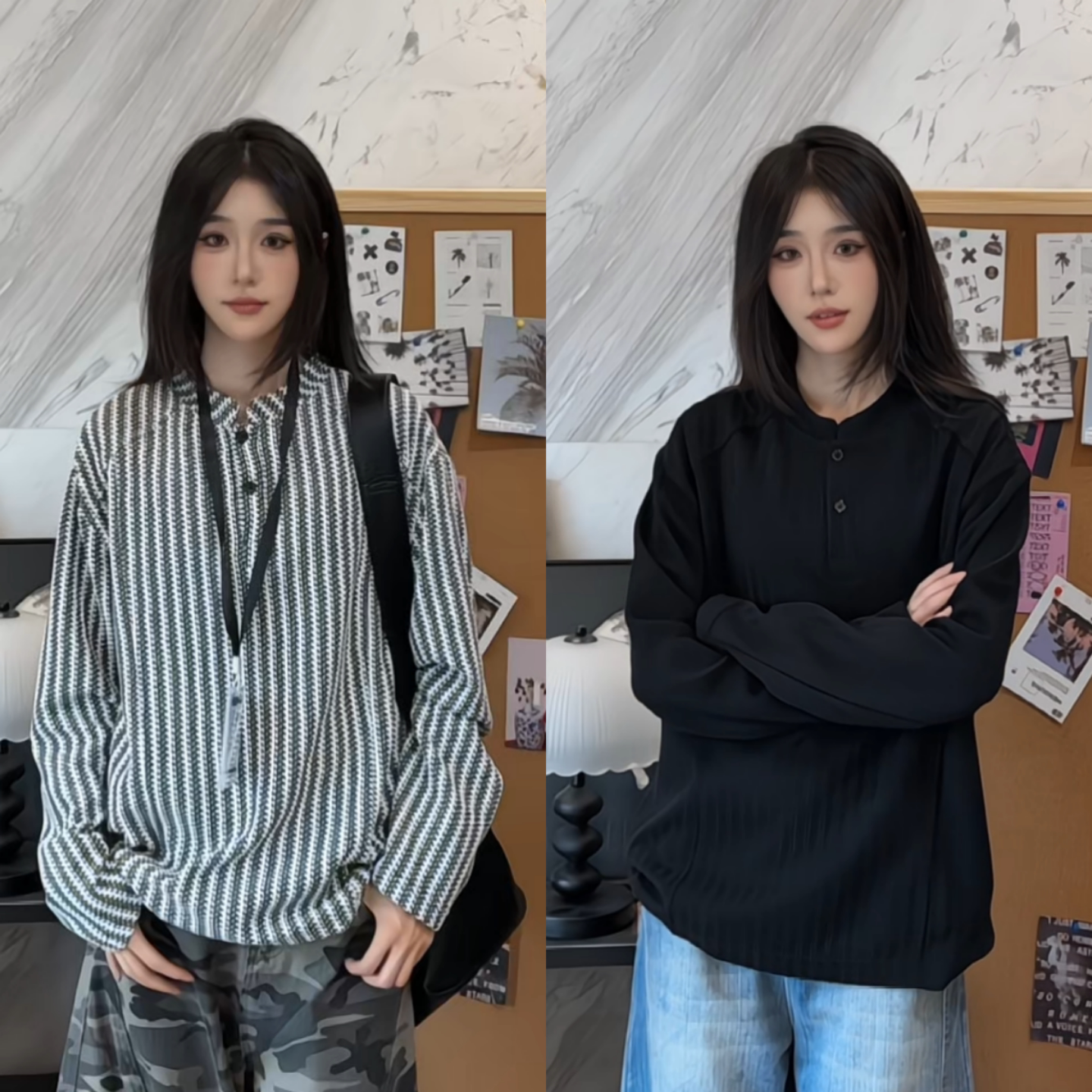 松弛慵懒感男士鱼骨纹设计亨利领打底卫衣秋季上新潮牌条纹长袖T